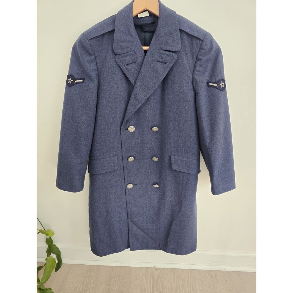 Air Force Military Vintage Wool Navy Blue Double Breasted Long Overcoat Coat 39S